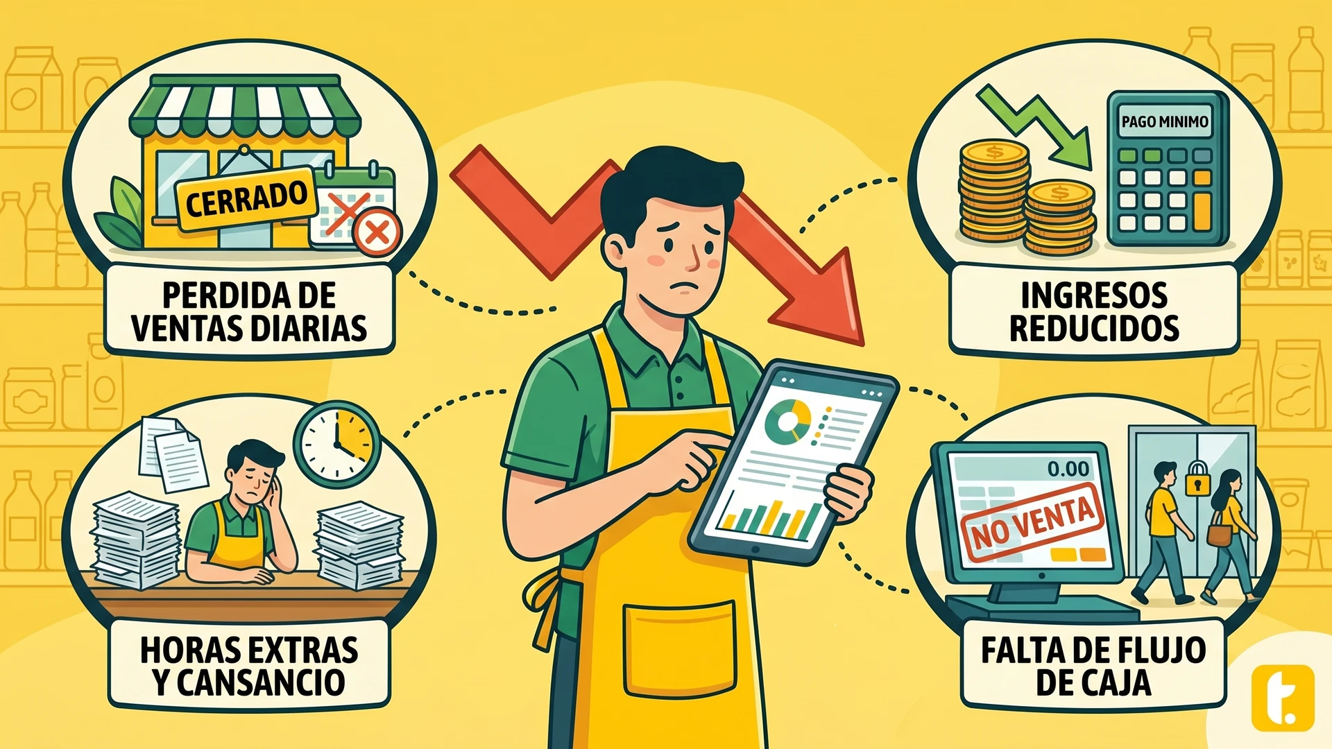 Tienda de barrio cerrada por inventario, perdiendo ventas y acumulando horas sin ingresos.