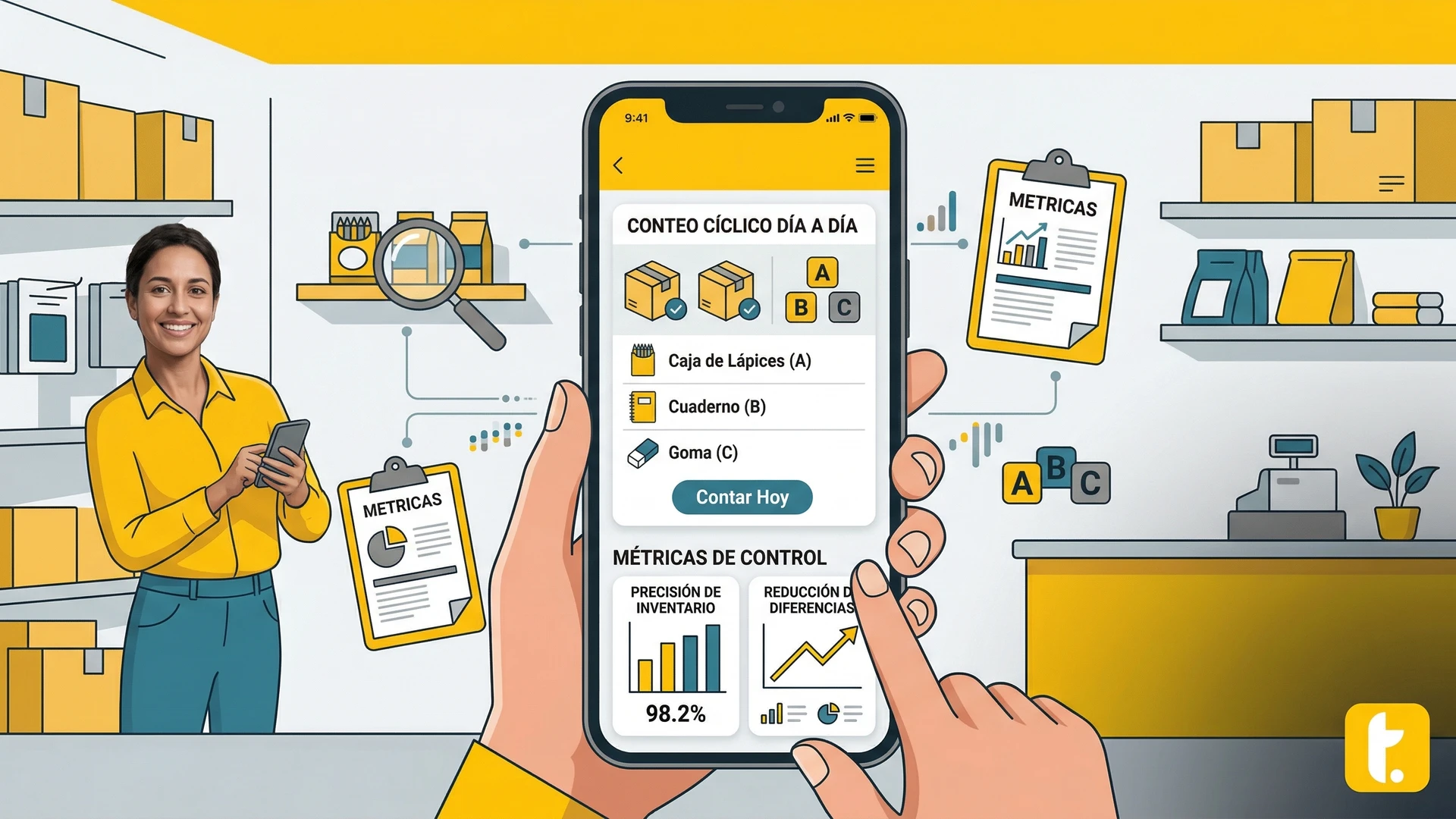 Software de inventario móvil para tiendas pequeñas, registrando productos y revisando movimientos fácilmente.